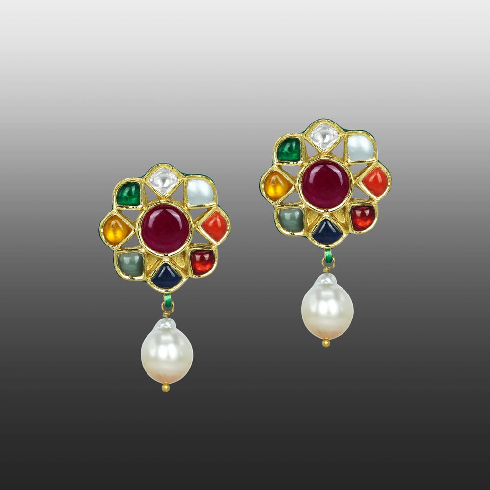 Navaratna Earrings with Ruby Center and Pearl Drop